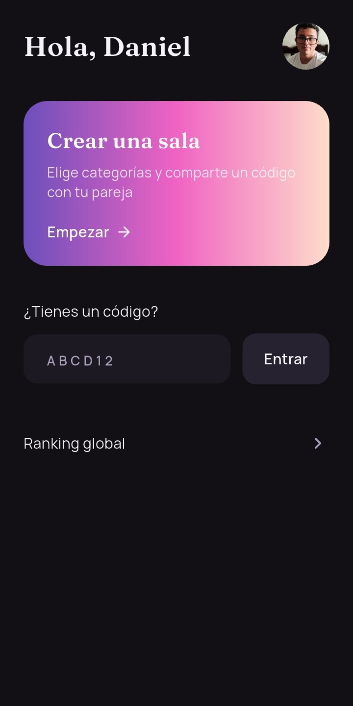 Pantalla principal de Afinidad para crear o unirse a una sala